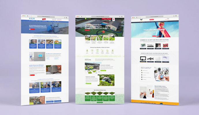 Collection of commercial security and business service website homepage designs displayed in browser mockups